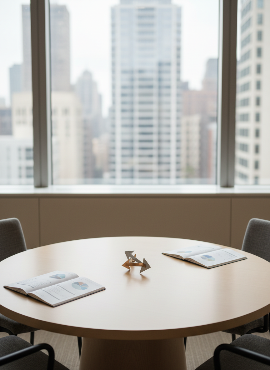 A round, polished light-wood conference table seen from a slightly elevated perspective, its surface neatly arranged with three open minimalist notebooks, spaced evenly, each with structured charts and bullet points in muted ink. At the center rests a small geometric metal sculpture symbolizing strategy and direction. Beyond the table, floor-to-ceiling windows reveal an abstract blur of a city skyline, rendered with soft bokeh to maintain focus on the table. Diffused overcast daylight fills the room, creating gentle, even lighting and minimal shadows. The atmosphere is collaborative yet composed, suggesting structured group decision-making. The photographic aesthetic is modern and understated, with clean lines, balanced composition, and neutral grays and beiges that align with a high-end corporate consulting brand.