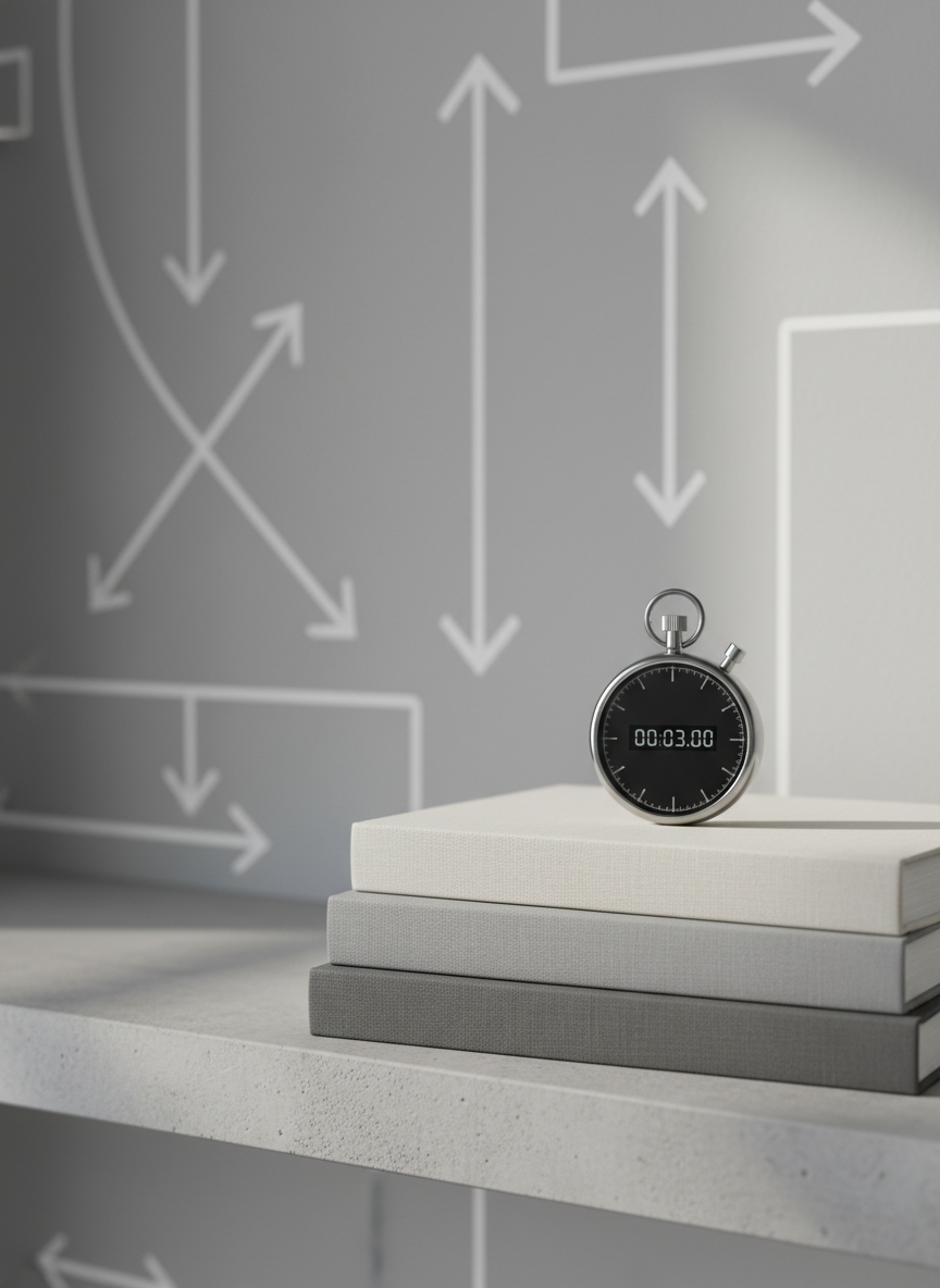 A precisely stacked set of three hardcover strategy books with blank, textured linen covers in shades of charcoal, dove gray, and off-white, resting on a smooth concrete shelf. On top of the stack sits a sleek metallic stopwatch, paused at an exact second, suggesting performance, timing, and sports-inspired discipline in business. In the background, slightly out of focus, a minimalist wall graphic of intersecting lines and arrows evokes play diagrams. Soft side lighting from an unseen window to the right creates gentle gradients across the linen textures and a crisp shadow of the stopwatch. The composition uses asymmetrical balance with negative space on the left for potential text. The photographic style is clean, modern, and corporate, with a calm yet high-performance atmosphere.