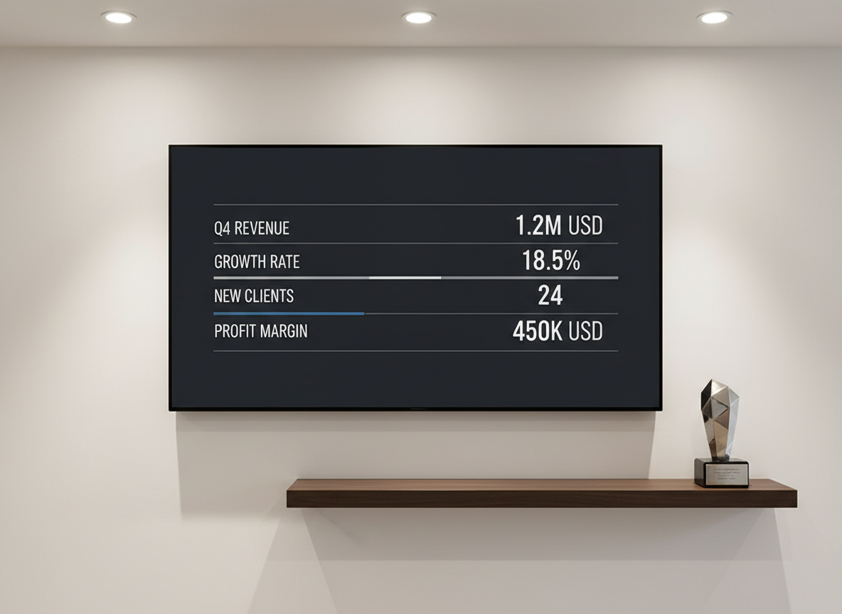 A close-up of a minimalist digital scoreboard interface displayed on a thin, bezel-less wall monitor in a contemporary office setting, redesigned for business metrics instead of sports scores. Clean white numerals track key performance indicators against subtle horizontal gridlines on a deep charcoal background, with thin accent lines in muted navy and silver. The adjacent wall is a soft off-white, and a sleek floating shelf below holds a single geometric metal award. Overhead recessed lighting provides even illumination, with a slight directional emphasis on the screen, creating a controlled glow and soft shadow beneath the shelf. Captured straight-on with sharp focus across the frame, the image feels precise, data-driven, and composed, reflecting a high-performance consulting environment with a photographic, corporate aesthetic.
