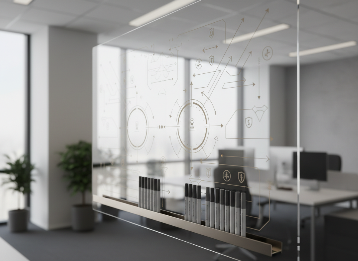 A large transparent acrylic board mounted in a modern workspace, covered with carefully drawn neutral-toned diagrams resembling sports playbooks translated into business strategy: arrows, zones, circles labeled with abstract icons instead of text. A metallic marker tray sits below with neatly aligned markers in grayscale tones. The board is lit by soft, diffused ceiling lights and subtle daylight from a side window, producing faint reflections and a sense of depth without distraction. The camera captures the scene from a shallow side angle, focusing on a single cluster of intersecting arrows while the rest gradually blurs into the background. The mood is dynamic yet orderly, highlighting structured, sports-based leadership thinking. The aesthetic is photographic realism with clean lines, balanced composition, and a sophisticated corporate feel.