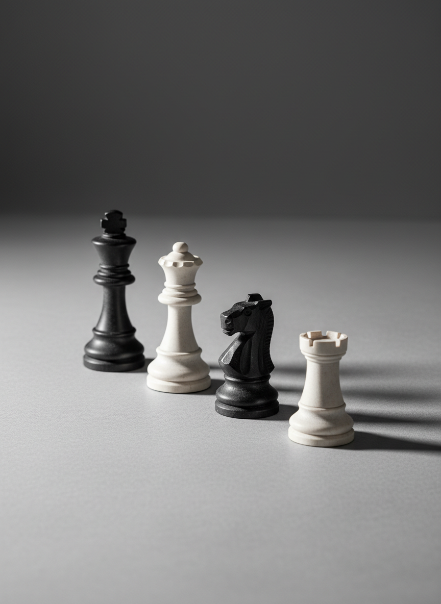 A minimalist arrangement of four chess pieces carved from matte black and matte white stone, placed on a smooth, neutral-gray surface without a full board, symbolizing strategic choices in business. The pieces—king, queen, knight, and rook—are arranged in a deliberate diagonal line leading into the frame, creating a sense of progression and decision pathways. Soft studio lighting from the upper left creates refined highlights along the stone edges and controlled, elongated shadows to the right. The background is an unfocused gradient of soft charcoal to light gray, maintaining a clean corporate feel. Shot with a shallow depth of field and centered composition, the mood is analytical and decisive, evoking sports-like strategy applied to leadership and entrepreneurship in a photographic, modern style.